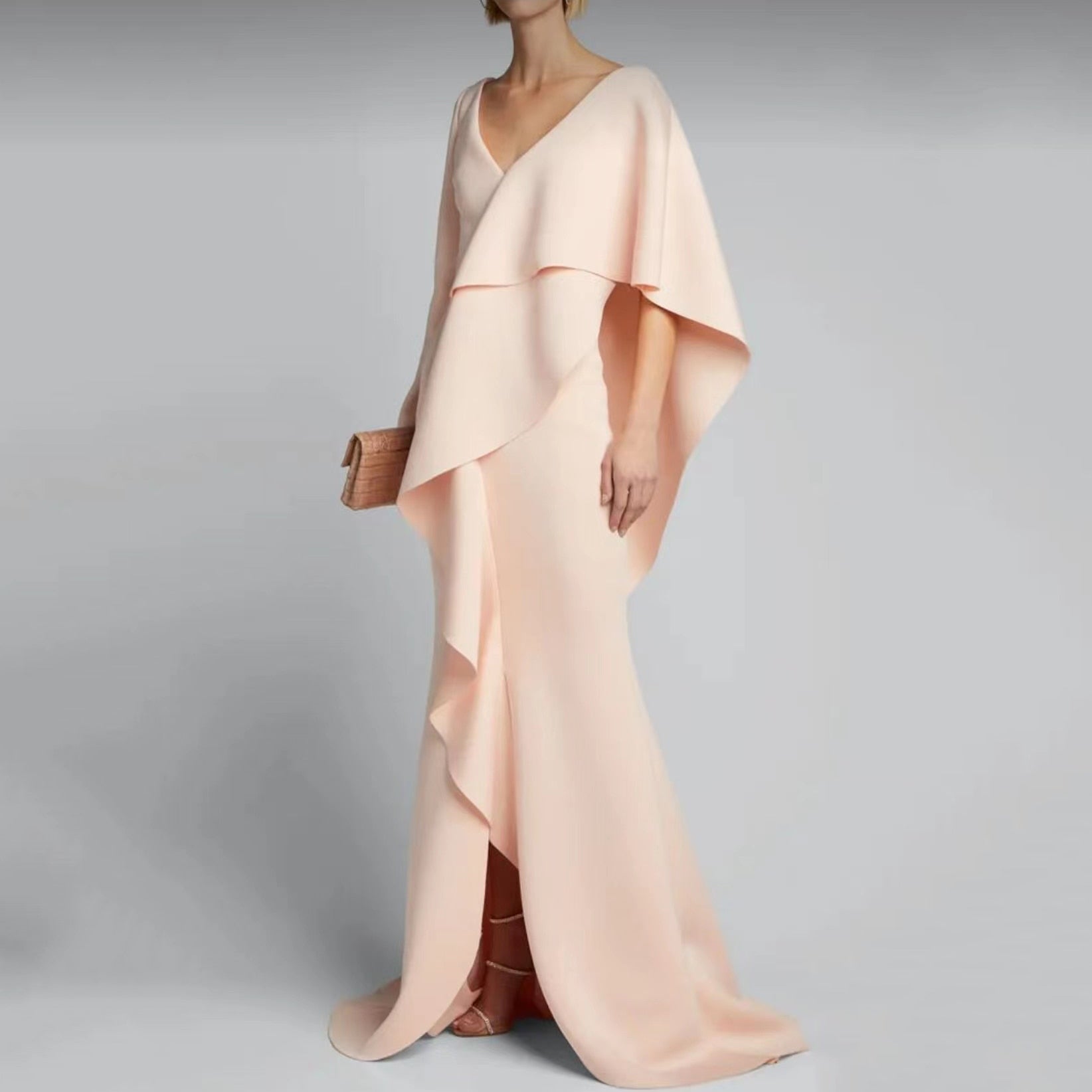 V Neck Evening Mermaid Long Elegant Crepe Dress