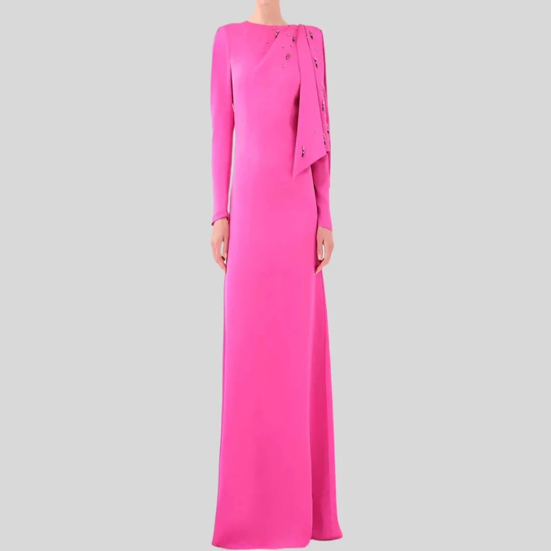 Round Neck Full Sleeves Stones Beadings Satin Gown