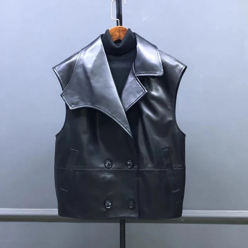 Genuine Leather Vest Suit Collar Sleeveless Jacket Double Breasted Waistcoat