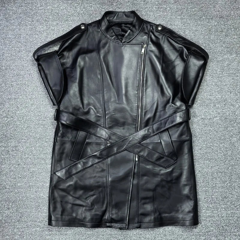 Genuine Leather Suit Collar Short Sleeves Zipper Sashes Pocket Jackte