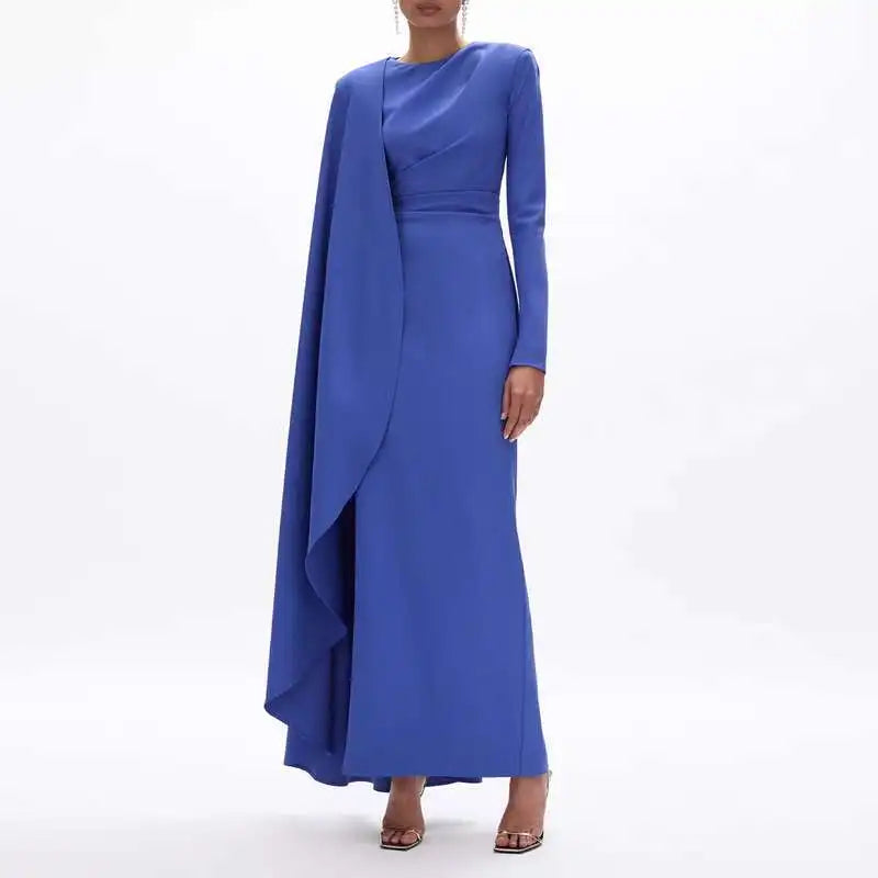 Long Sleeve Maxi With Draped Cape Formal Dress