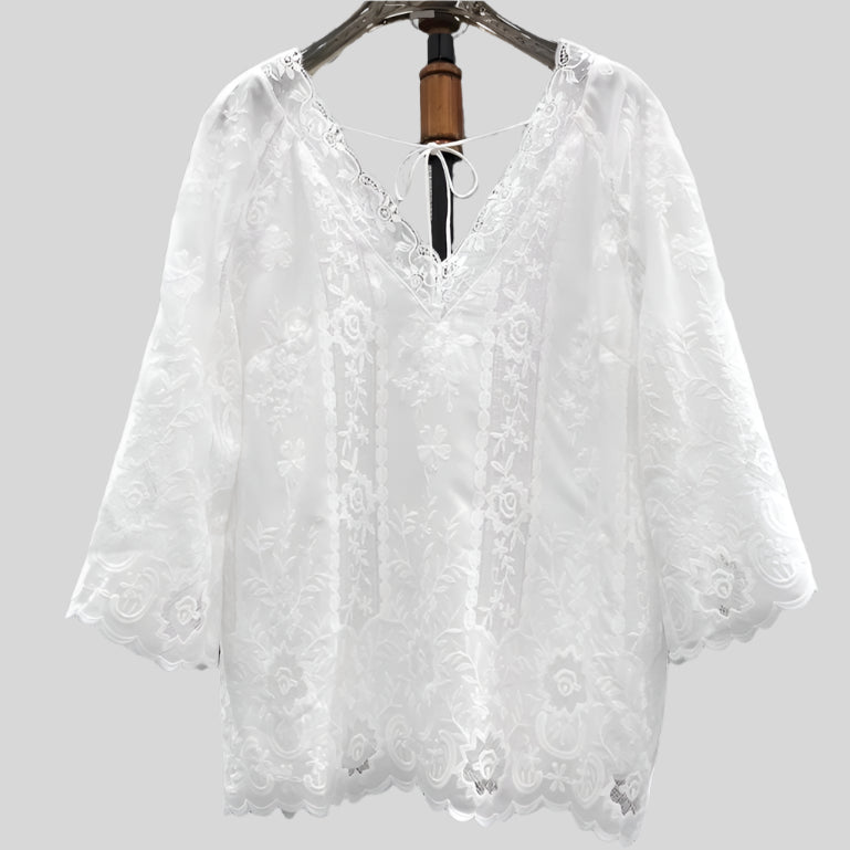 Lace Blouse White Deep V-Neck Embroidery Loose Lace Top