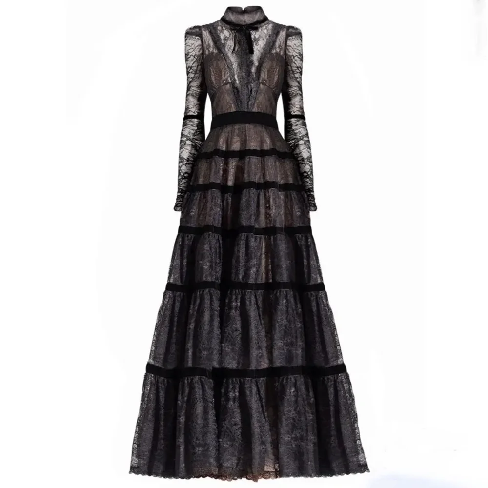 Elegant Black A-line Luxury Lace Tiered Dress