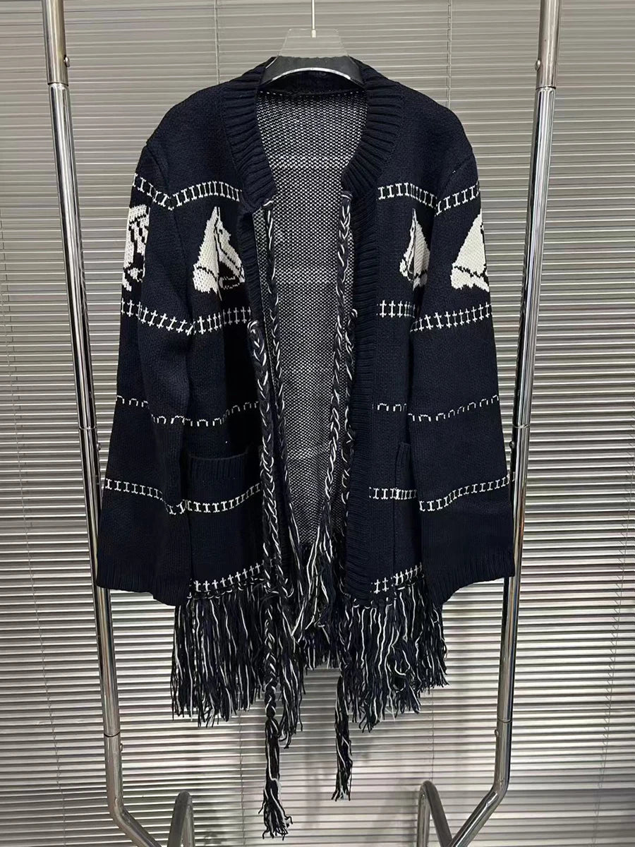 Hit Color Spliced Tassels Cardigan