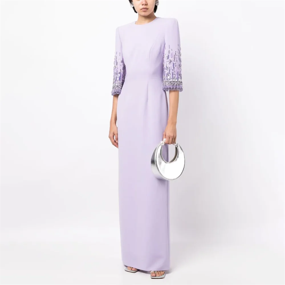 Long Elegant Satin O Neck Beading Floor-Length Dress