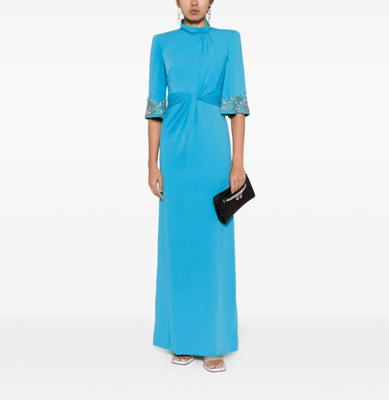 High Neck Rhinestones Half Sleeves Floor Length Dress