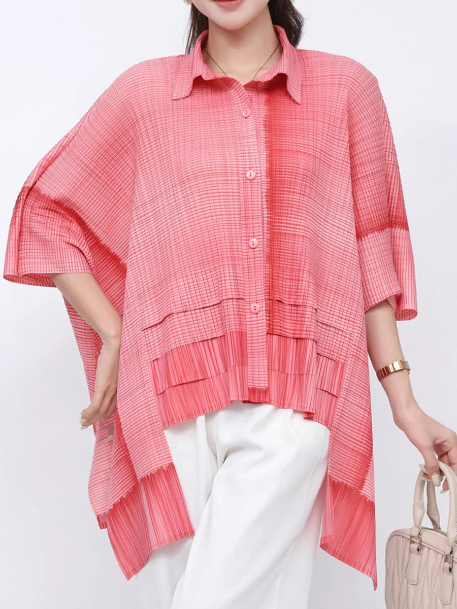 Solid Straight Grid Stand Collar Long Sleeve Patchwork Button Top