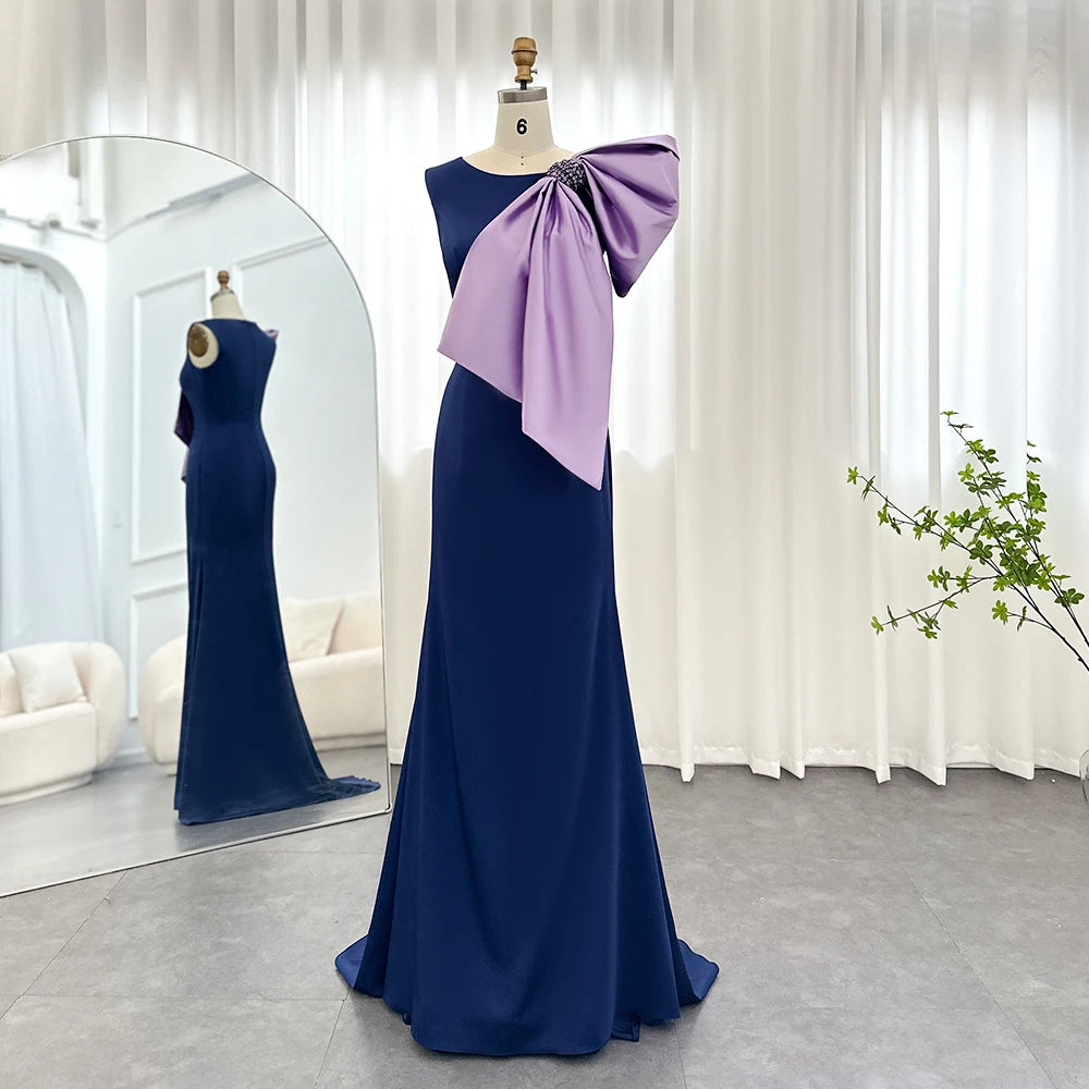 Navy Blue Satin Mermaid with Lilac Bow Formal Dress