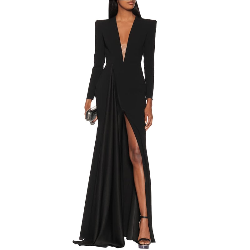 V-neck High Waist Floor-length Long Sleeve Loose Dress