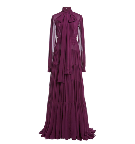 Vintage Purple Chiffon Elegant Bow Long Sleeve Pleated Maxi Dress