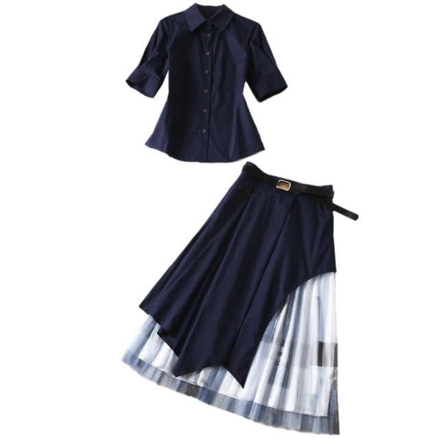 Casual Short-Sleeved Shirt Patchwork Mesh Skirt 2 Pieces Set