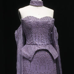 Luxury Grey Crystal  with Flowing Sleeves Off-Shoulder Evening Dress