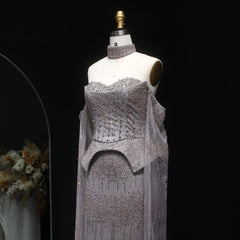 Luxury Grey Crystal  with Flowing Sleeves Off-Shoulder Evening Dress