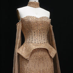 Luxury Grey Crystal  with Flowing Sleeves Off-Shoulder Evening Dress