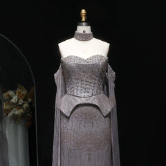 Luxury Grey Crystal  with Flowing Sleeves Off-Shoulder Evening Dress