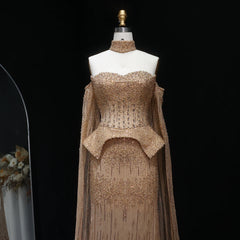 Luxury Grey Crystal  with Flowing Sleeves Off-Shoulder Evening Dress