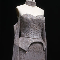 Luxury Grey Crystal  with Flowing Sleeves Off-Shoulder Evening Dress