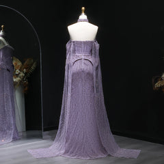 Luxury Grey Crystal  with Flowing Sleeves Off-Shoulder Evening Dress