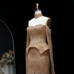 Luxury Grey Crystal  with Flowing Sleeves Off-Shoulder Evening Dress