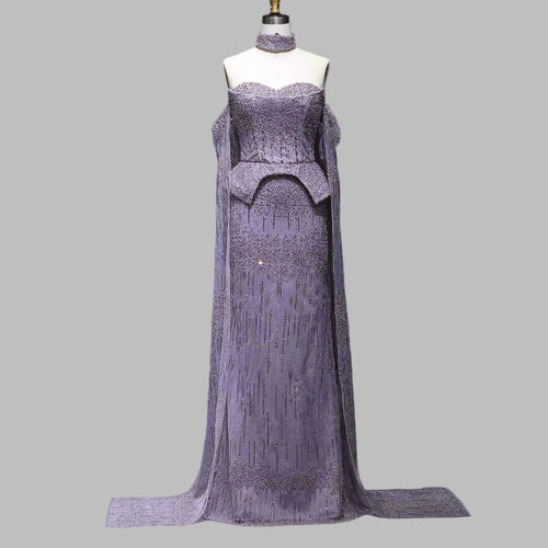 Luxury Grey Crystal  with Flowing Sleeves Off-Shoulder Evening Dress