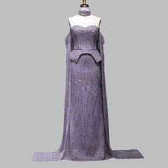 Luxury Grey Crystal  with Flowing Sleeves Off-Shoulder Evening Dress