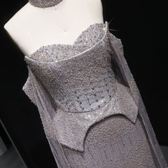 Luxury Grey Crystal  with Flowing Sleeves Off-Shoulder Evening Dress