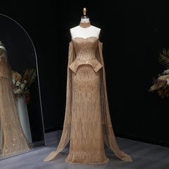 Luxury Grey Crystal  with Flowing Sleeves Off-Shoulder Evening Dress