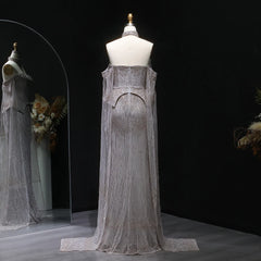 Luxury Grey Crystal  with Flowing Sleeves Off-Shoulder Evening Dress