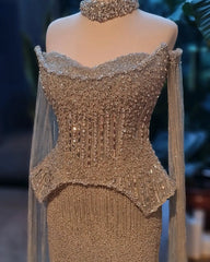 Luxury Grey Crystal  with Flowing Sleeves Off-Shoulder Evening Dress