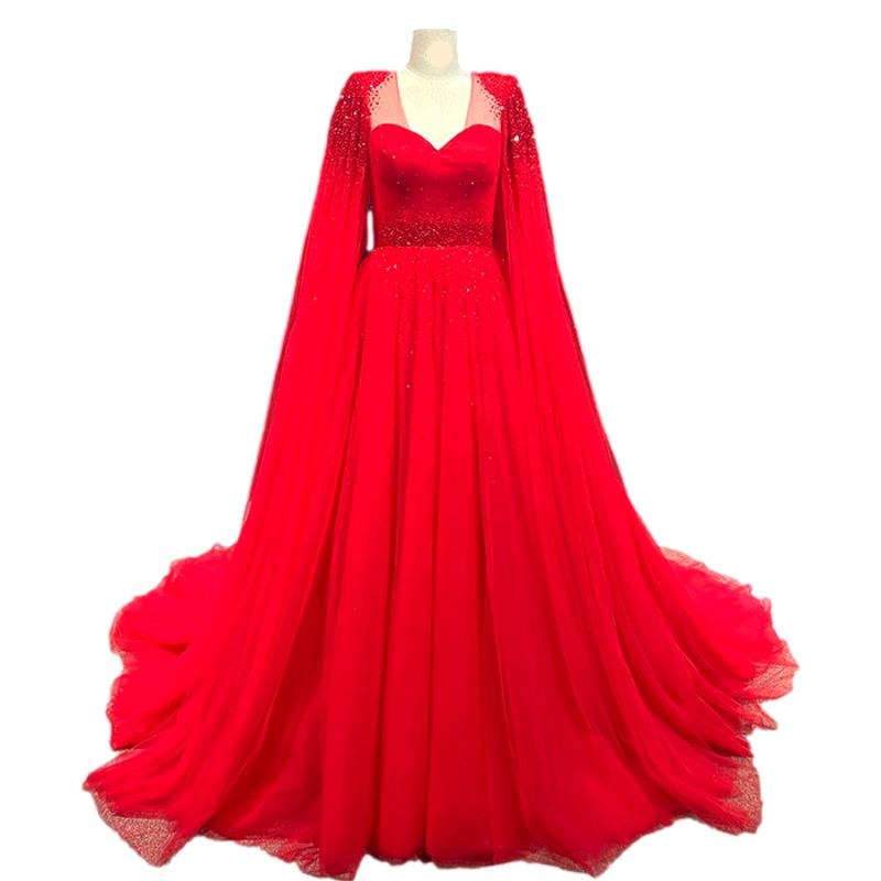 Red Beaded Cape A-line Elegant Dresses