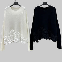 Three-Dimensional Silk Flower Handmade Lace Applique Cashmere Top