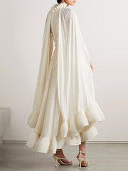 Irregular Solid  V Neck Cloak Sleeves High Waist Spliced Lace Up Loose Folds Dress