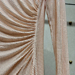 Rhinestone Pleated Round Neck Long Hollow Cut Dress