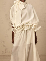 Solid Loose Spliced Bow Tunic Half High Neck Short Sleeves Patchwork Ruffles Dress