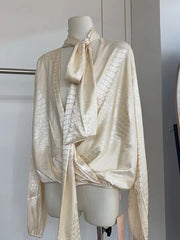 Chic Spliced Crocodile Pattern Blouse V Neck Long Sleeved Shirt