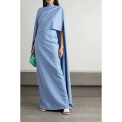 Blue Shawl Sleeve Elegant Dress