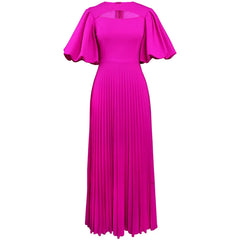 Round Neck Hollow Out Elegant Lantern Short-Sleeved High-Waisted Pleated Maxi Dress