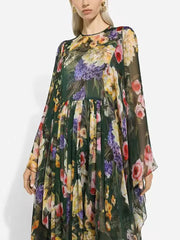 Printing bat sleeve flowing long dress