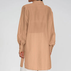 Loose Lapel Long Sleeve Shirt Elegant Classic Tie See Through Top