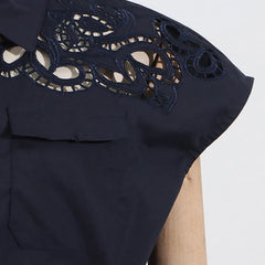 Hollow Out Chic Two Piece Sets Lapel Short Sleeve Spliced Button Tops High Waist Long Skirt Elegant Set