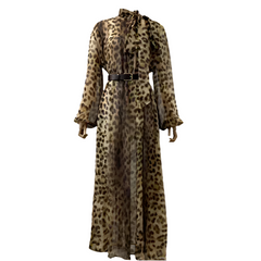 Leopard High Quality Full Lantern Sleeve Lace-up Bow Belted Vintage Midi Dresses