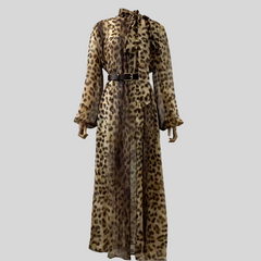 Leopard High Quality Full Lantern Sleeve Lace-up Bow Belted Vintage Midi Dresses