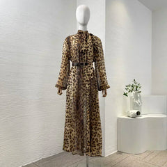 Leopard High Quality Full Lantern Sleeve Lace-up Bow Belted Vintage Midi Dresses