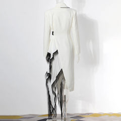 Spliced Mesh Chic Blazer Lapel Long Sleeve Spliced Button Elegant Long Dress