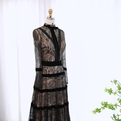 Elegant Black A-line Luxury Lace Tiered Dress