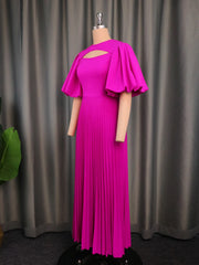 Round Neck Hollow Out Elegant Lantern Short-Sleeved High-Waisted Pleated Maxi Dress