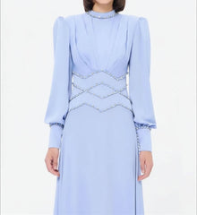 Classic Jersey Button Rhinestone A-line High Collar Long Dress