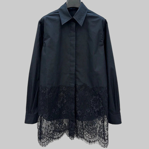 Loose Sweet Long Shirt Women Lapel Long Sleeve Lace Patchwork  Top