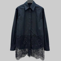 Loose Sweet Long Shirt Women Lapel Long Sleeve Lace Patchwork  Top