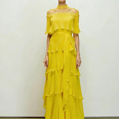 Chiffon  High Collar Short Sleeves Long A-Line Lace Dress